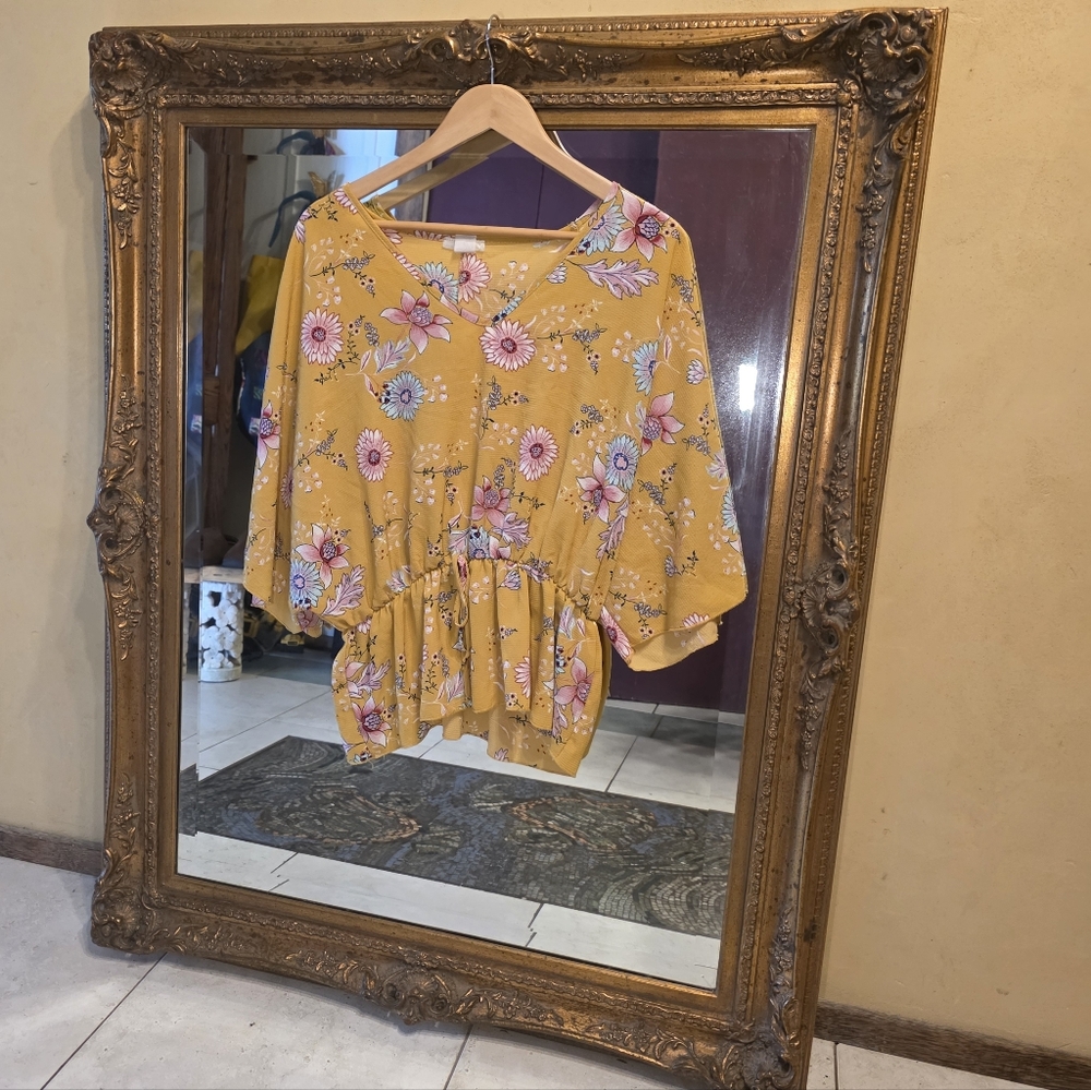 Floral Blouse 70's Mustard Yellow  and Pink Dolman Sleeve Summer Top